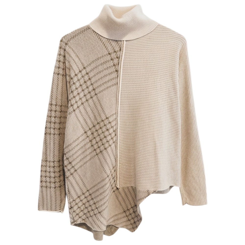 Mystree Turtleneck Sweater Womens M/L Beige Plaid Asymmetrical Mixed Knit Plaidβ